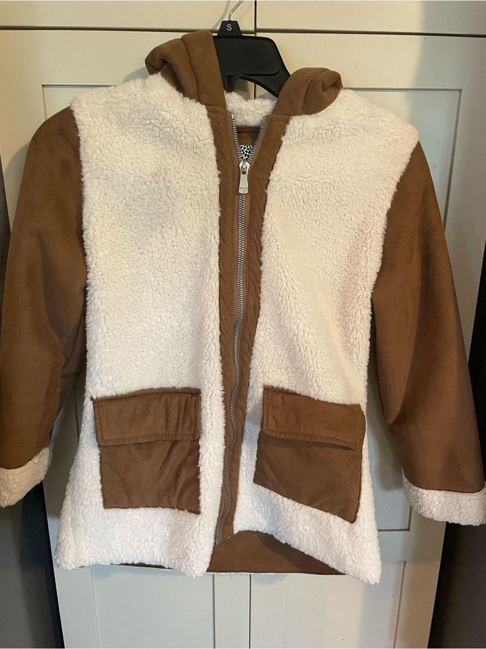 Kensie Girl Two-Tone Sherpa Hooded Jacket in Cream and Brown